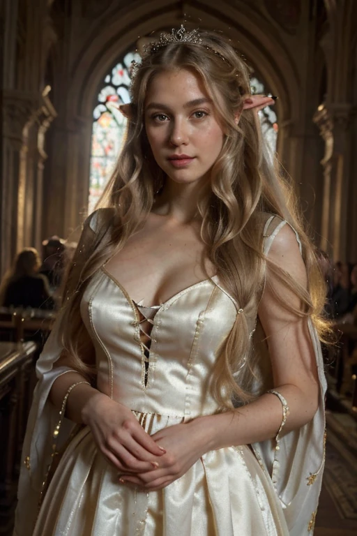 (Masterpiece), (detailed), (high quality), medieval painting of a tall elven princess in a white dress with long curly blonde hair, she is curvy, cute elven ears, beautiful princess, beautiful slavic nose, light brown eyes, cute appearance, hourglass body