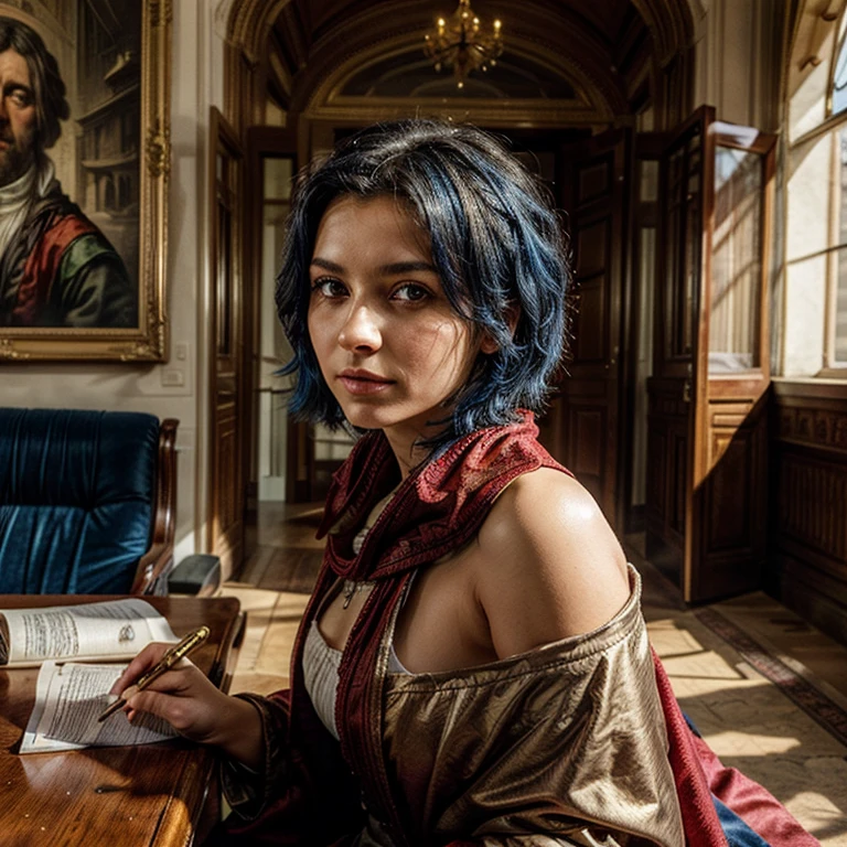 (Masterpiece: 1.2, Best Quality), Realistic, (Realistic Picture, Complex Details, Depth of Field), Best Quality, Masterpiece, Highly Detailed, Semi Realistic, 1 Girl, Mature Female, 21 Years Old, Blue Hair, Shoulder length Short Hair, Left Eye Covered with Hair, Blue Eyes, King's Clothes, Red Cloak, Slim Figure, Crown Made of Precious Gold, Reading Documents, Marking Documents, Goose Hair Pen, Office Table, Soft Bench, Palace, In the palace, during the Middle Ages