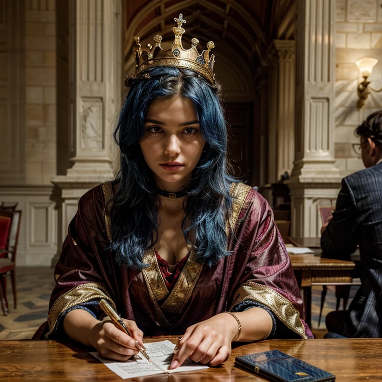 (Masterpiece: 1.2, Best Quality), Realistic, (Realistic Picture, Complex Details, Depth of Field), Best Quality, Masterpiece, Highly Detailed, Semi Realistic, 1 Girl, Mature Female, 21 Years Old, Blue Hair, Shoulder length Short Hair, Left Eye Covered with Hair, Blue Eyes, King's Clothes, Red Cloak, Slim Figure, Crown Made of Precious Gold, Reading Documents, Marking Documents, Goose Hair Pen, Office Table, Soft Bench, Palace, In the palace, during the Middle Ages