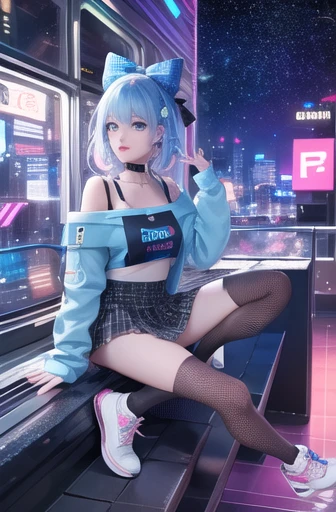 1 girl, solo, colorful, blue eyes, cyberpunk, cityscape, moon background, neon colors, half cyborg, galaxy themed, eyeliner, galaxy themed eye shadow, galaxy print front top, long sleeves, black choker, galaxy themed hair bows, plaid galaxy print mini skirt, galaxy themed sneakers, white socks,