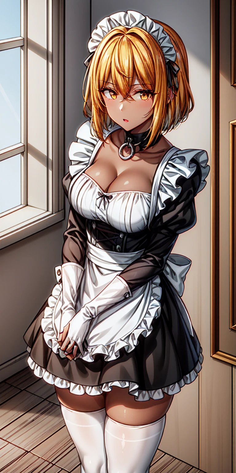 Roxanne (mature female:1.4), masterpiece, best quality (maid, maid headdress, maid apron), standing, indoors, window, masterpiece, best quality, high quality, dark black SKIN. Long messy hair, yellow eyes, full body, def_effie, blue breastplate, looking at viewer, shiny armor, thigh highs, high boots, shoulder armor, faulds, poleyn, red gloves gauntlets