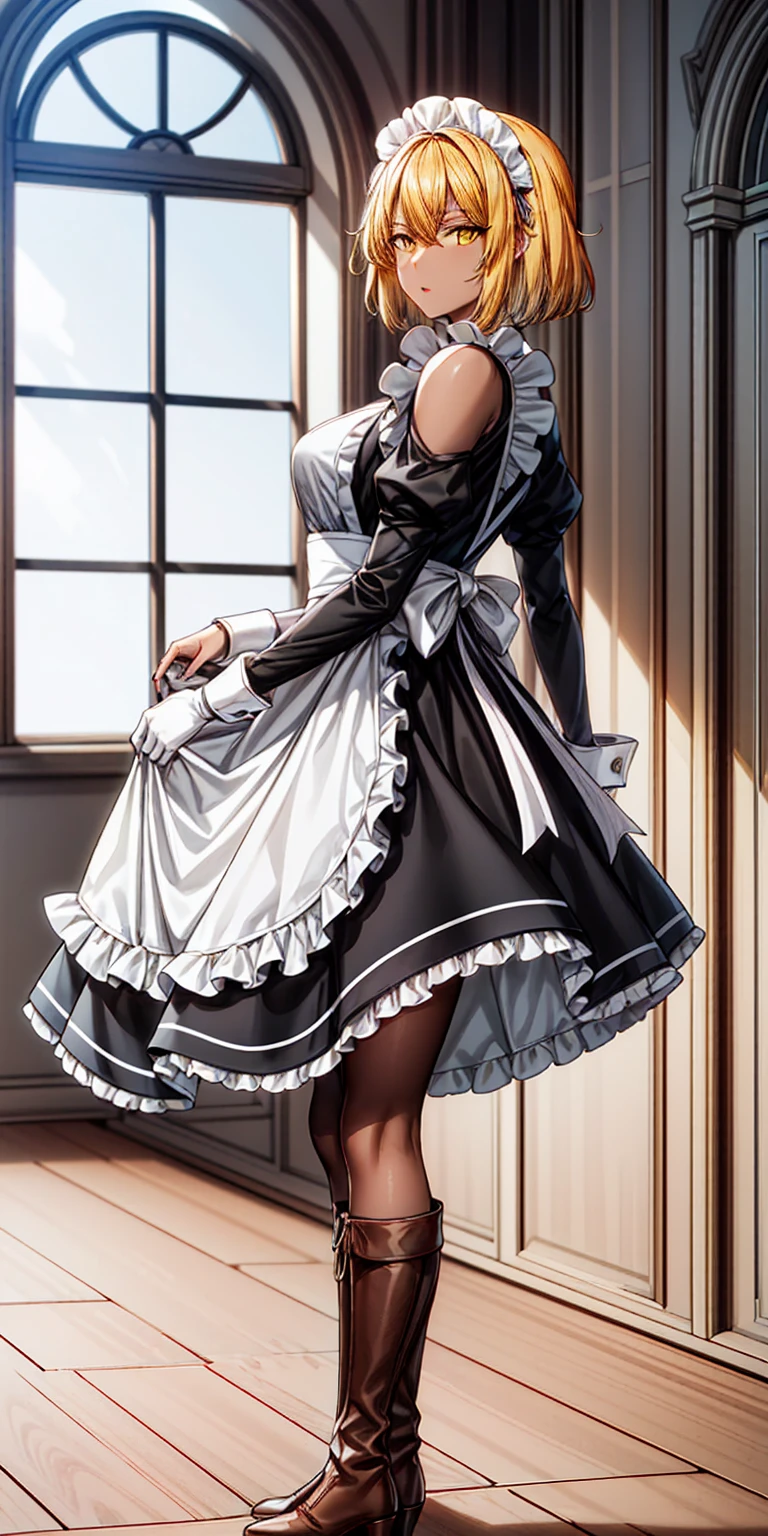 Roxanne (mature female:1.4), masterpiece, best quality (maid, maid headdress, maid apron), standing, indoors, window, masterpiece, best quality, high quality, dark black SKIN. Long messy hair, yellow eyes, full body, def_effie, blue breastplate, looking at viewer, shiny armor, thigh highs, high boots, shoulder armor, faulds, poleyn, red gloves gauntlets