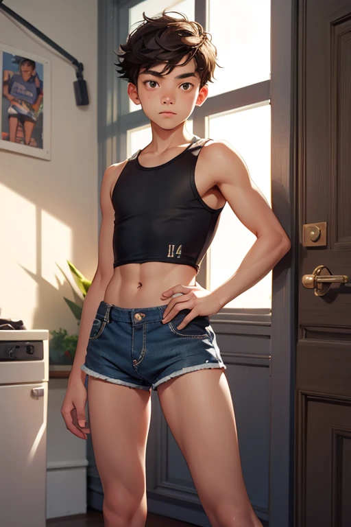 , boy wears a crop top and too very short shorts