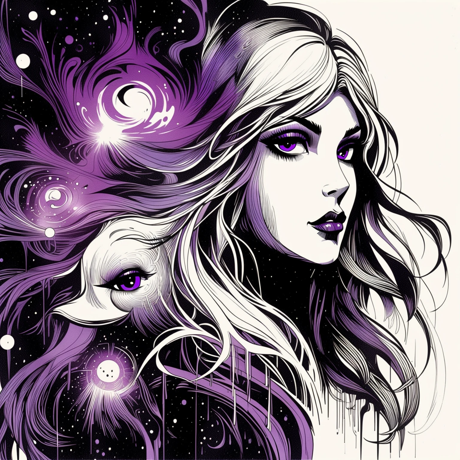 Cryptic Girl, Joelle Jones hand drawn expressive bold ink lines, full length portrait, (hair duo-tone purple, white gradient long hair), stylish futuristic steampunk black leather outfit, watercolor 1940's swirling vast abyss cosmos, indifferent, kind, balance, fate of cosmos, tapestry of galaxy, energy of wisdom and strength, hidden power of the planet, together with too precious adorable slightly sinister rubberduck, ((wordless)) cinematic poster, splash page, image within image, optical illusion, double exposure, (Cryptic Force) with 90\'s comics coloring style except her hair