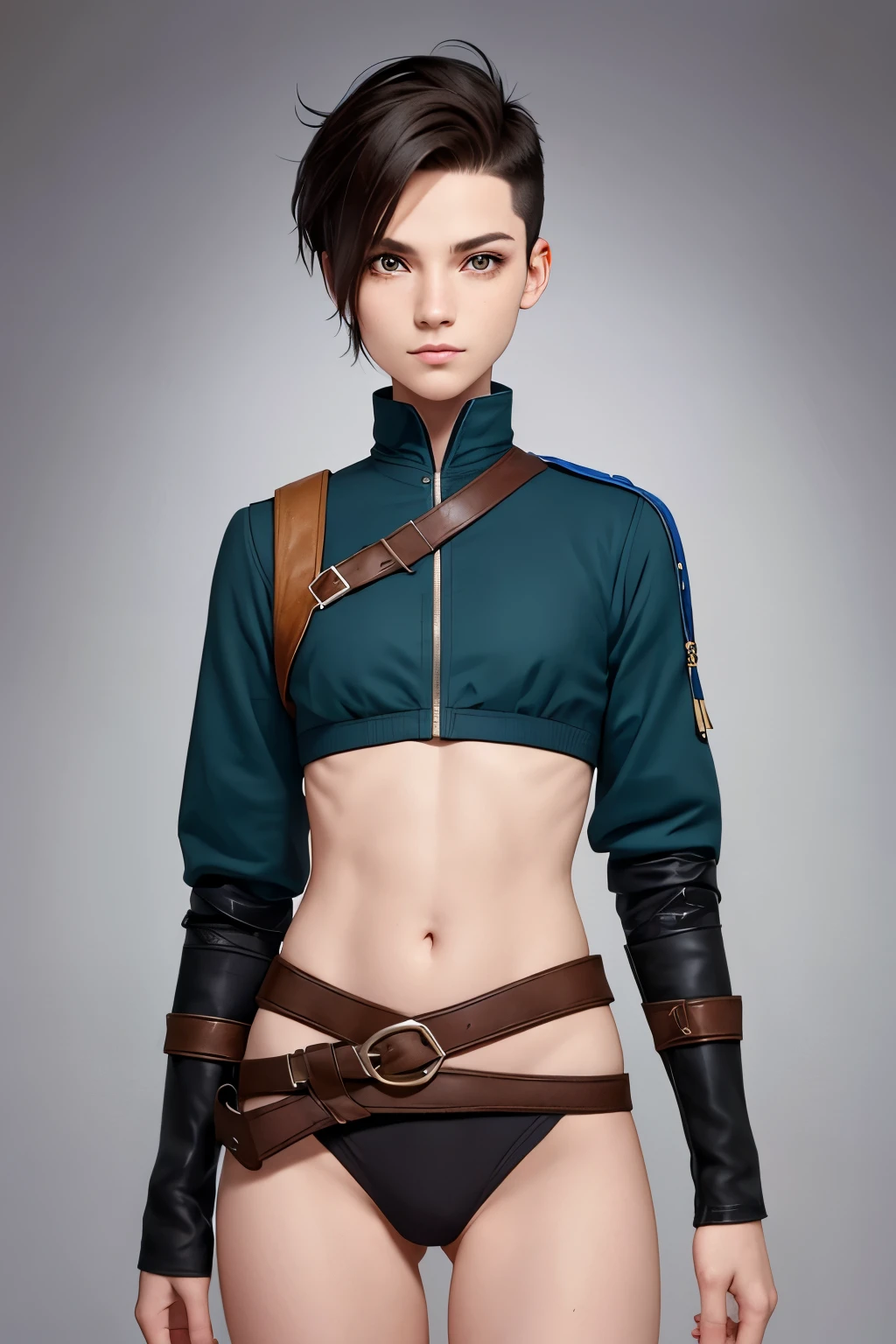 A happy young woman with an undercut in a fantasy setting. An adventurer and a ranger. Very androgynous looking. In a good mood. Sympathic. Tomboyish. Androgynous. Slim body. Very . Very small breasts. Wide hips. Thick legs. Face: Extremly pale skin with liverspots and freckles. Soft narrow face with a round chin. Soft small jaw. Big forehead. Very thin barely visible eyebrows. Upturned big dark-brown eyes. Dark-brown eyecolour. Very long and wide nose. Big curved lips. Very short dark-brown hair. A boyish short haircut. Undercut. Sides shaved. A tight black fantasy outfit of a lonley adventurer and ranger. Background: green meadow and a blue sky.