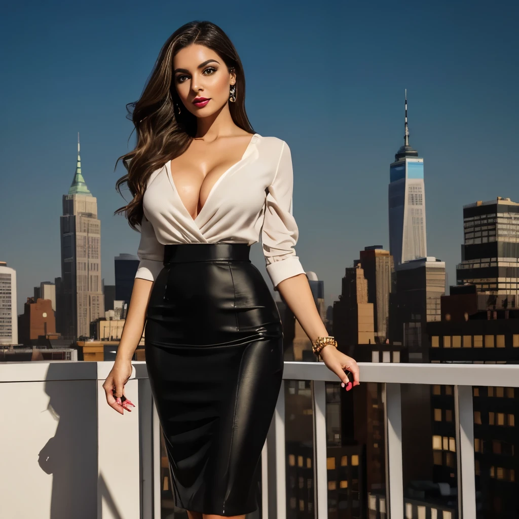 (best quality)), (masterpiece), (detailed), (full body shot)) Beautiful, stunning, long brown hair, green eyes, gorgeous, stunning adult 35yo woman, Maria Fumagelli, cleavage, slender legs, soft features, black pencil skirt, white blouse, heels, fashion, realistic skin texture, elegant office, New York skyline, ((perfect anatomy)), (perfect proportion), (realistic photo), clear complexion. Arched eyebrows. Eyeliner accentuating her bright eyes, vibrant lipstick