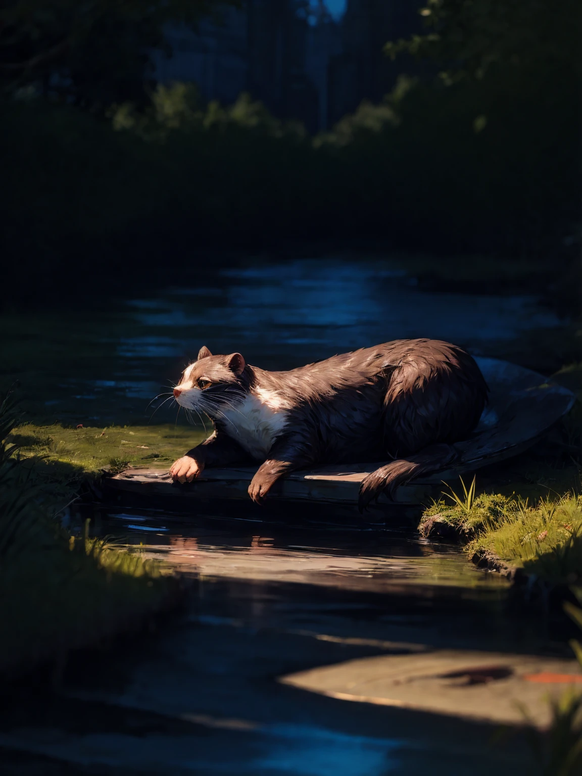 plano medio:1.5,anime:1.4, (best quality,HD 8k,highres,masterpiece:1.2),hyper-detailed (hyper-detailed fur, hyper-detailed eyes, hyper-detailed whiskers),adorable otter floating on the water, eating, picturesque scenery, crystal clear reflections, vibrant colors, studio lighting, water ripples, realistic texture, professional, enchanting atmosphere