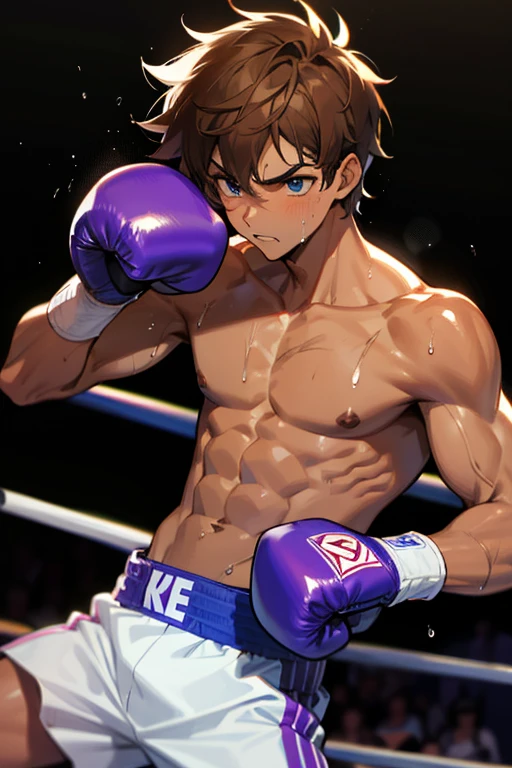 a tanned male with messy brown hair with blue eyes wearing purple boxing gloves in a boxing match getting punched in the abs, sweating, abs, muscles, bruised,