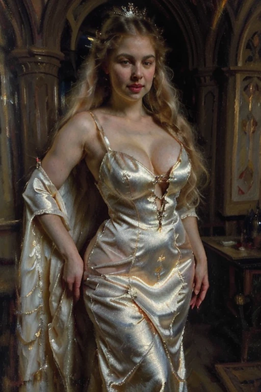 (Masterpiece), (detailed), (high quality), medieval painting of a tall elven princess in a white dress with long curly blonde hair, she is curvy, cute elven ears, beautiful princess, beautiful slavic nose, light brown eyes, cute appearance, hourglass body shape, wide hips, thick lips, baddie, (thicc)