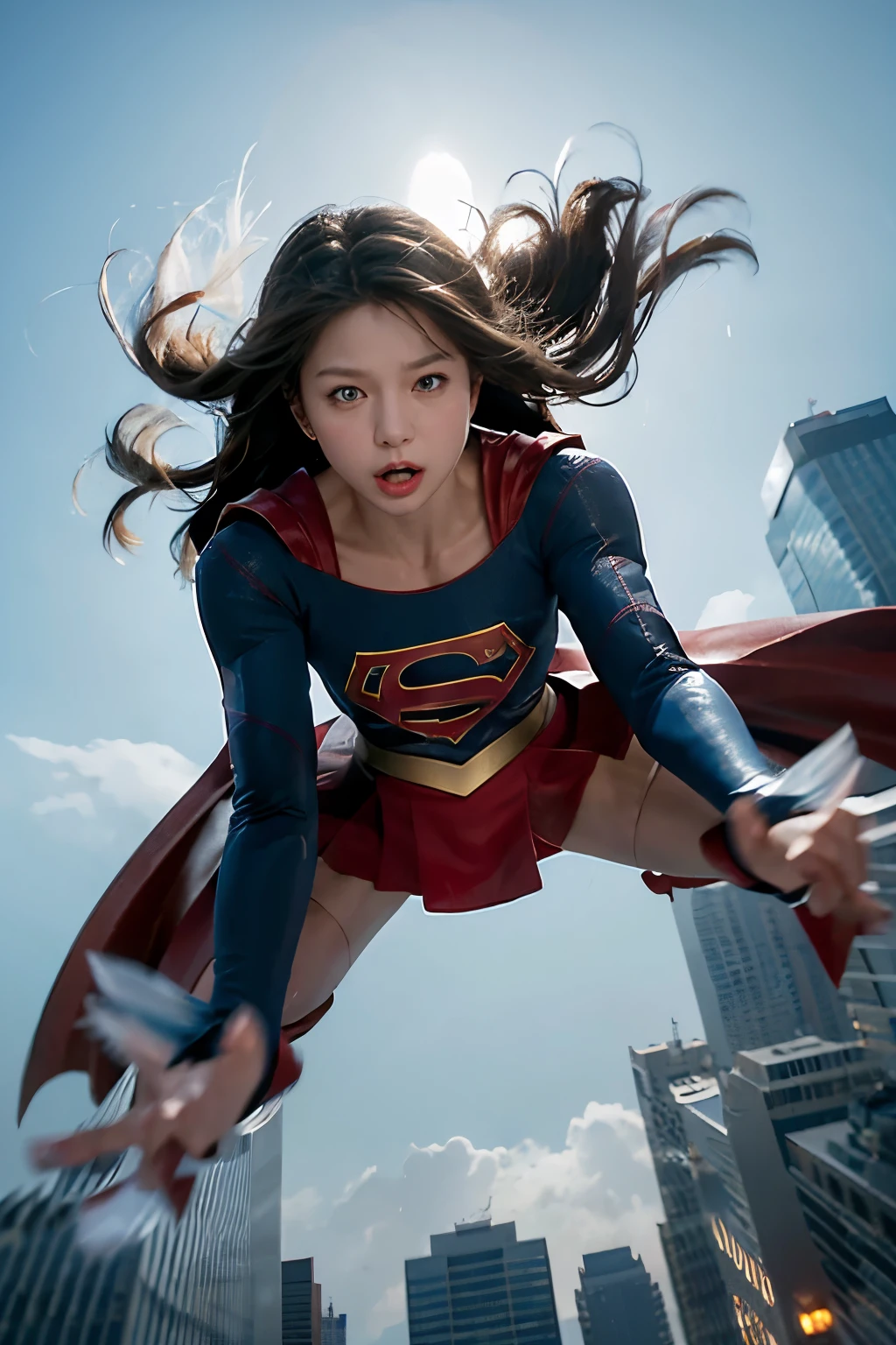 fighting supergirl up skirt,(white panties),red flared skirt,strong wind from below,shoot from below,city,
(masterpiece:1.2), (best quality), (ultra detailed), (dynamic pose:1.2),