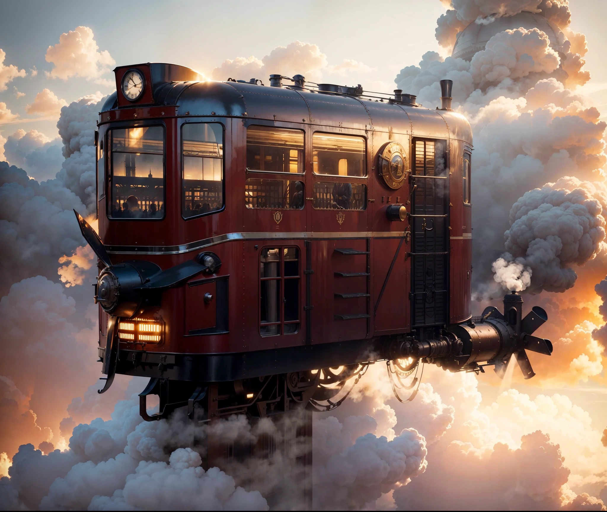 Jules Breton style, a massive STEAM-powered train (emphasize STEAM for a more old-fashioned feel) soaring through the air, about to land in Grand Central Station in 1841. The scene is bathed in dramatic lighting, with long shadows stretching from the train and billowing smoke obscuring parts of the station. A sense of adventure and wonder fills the air. Add a touch of mystery by having the train operator shrouded in shadow, their identity hidden. The tower Eiffel can be seen at distance.