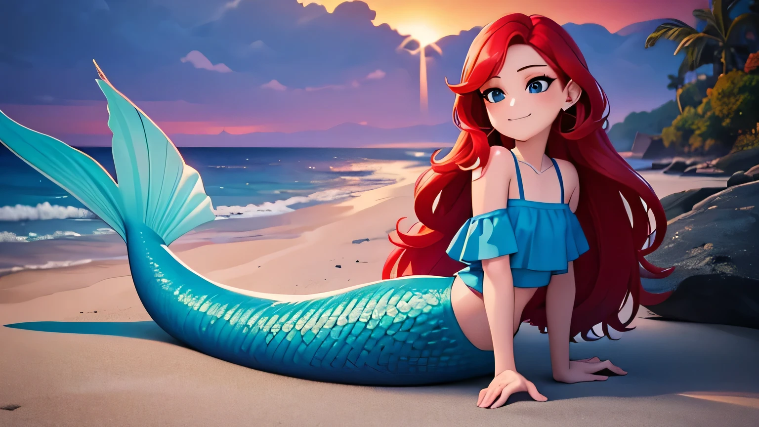 ruby, mermaid, 1 girl, Teenage, Long Red hair, Medium Hair, Blue eyes, bare shoulders, medium breast, aqua ruffle crop top, mermaid tail, scales on the mermaid’s tail, mermaid sitting on the beach, over the sea, beautiful purple sunset at beach, Sexy, masterpiece, High quality. 2D illustration, 2D flat, sit down, Masterpiece, 8K, HDR, portrait, seductive smile