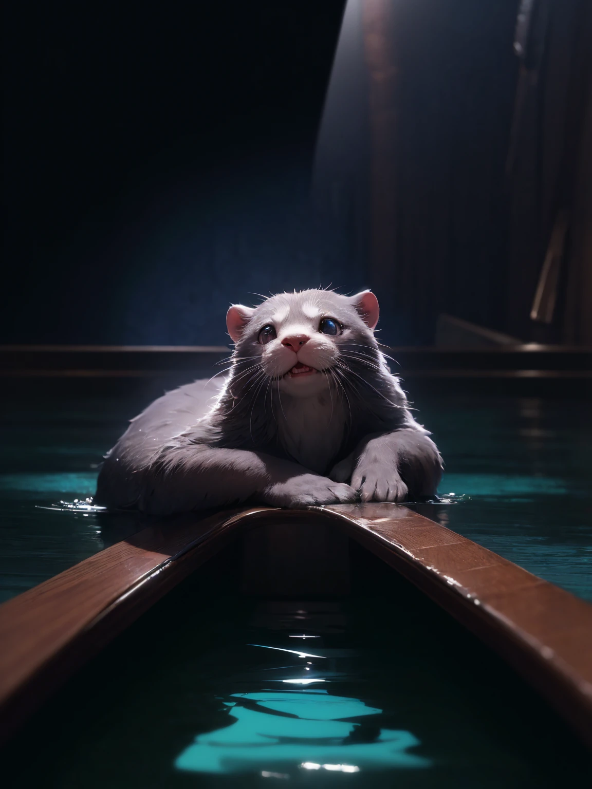 plano medio:1.5,anime:1.4, (best quality,HD 8k,highres,masterpiece:1.2),hyper-detailed (hyper-detailed fur, hyper-detailed eyes, hyper-detailed whiskers),adorable otter floating on the water, eating, picturesque scenery, crystal clear reflections, vibrant colors, studio lighting, water ripples, realistic texture, professional, enchanting atmosphere