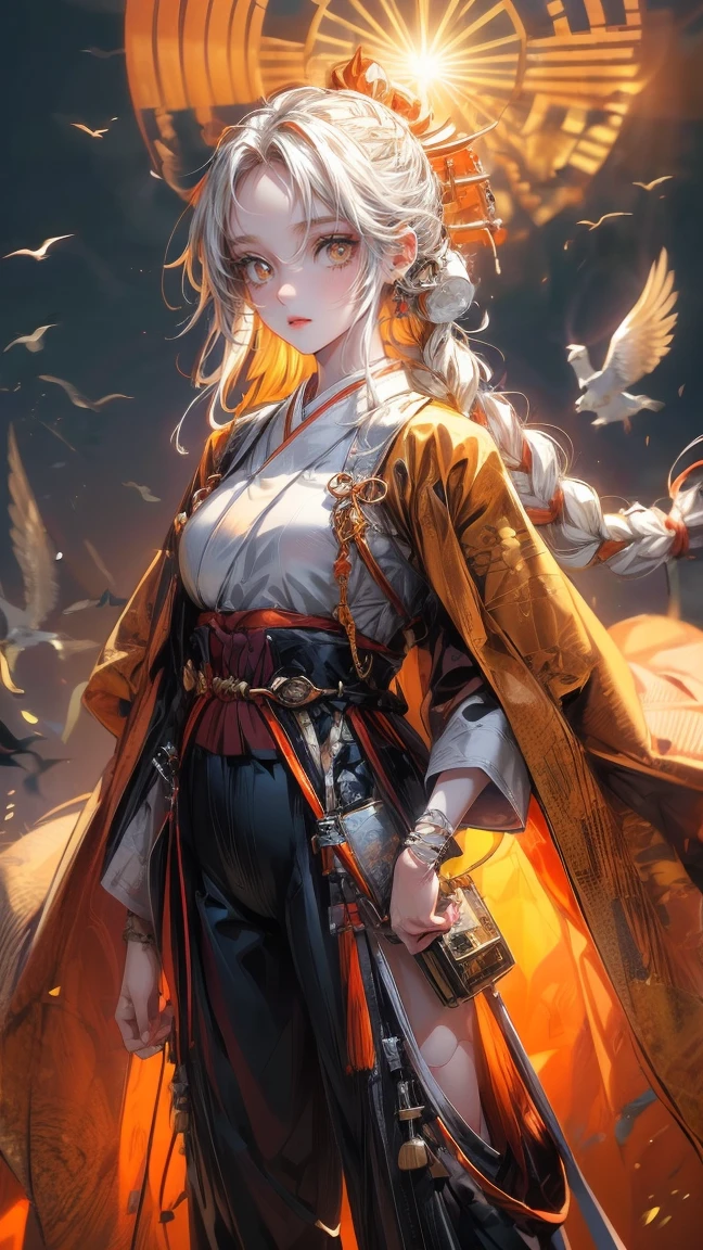 a girl with yellow glowing eyes, white wavy hair braided, bangs covering her forehead, she is wearing orange traditional Japanese hip-length jacket, black wide pants and red full-size headphones, the girl is standing in a field, the sun is setting, birds are flying across the sky