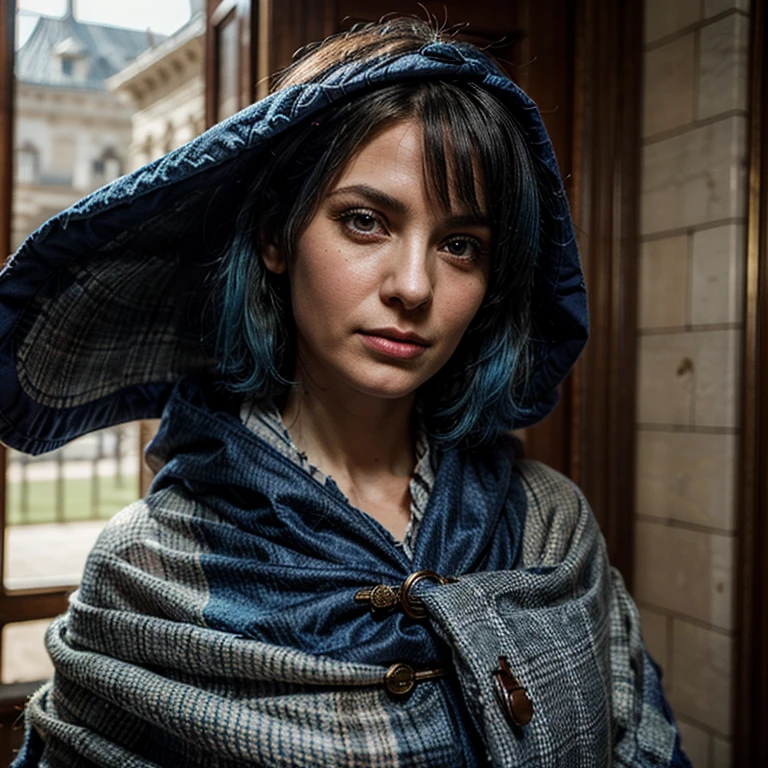 (Masterpiece: 1.2, Best Quality), Realistic, (Realistic Picture, Complex Details, Depth of Field), Best Quality, Masterpiece, Highly Detailed, 1 Girl, Mature Female, 50 Years Old, Blue Hair, Shoulder length Short Hair, Left Eye Covered with Hair, Blue Eyes, Patchwork Clothes, Cloak, Slim Figure, Crown Made of thorns, Palace, In the palace, during the Middle Ages