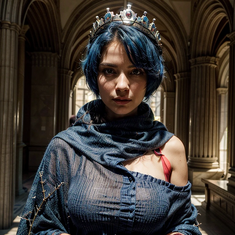 (Masterpiece: 1.2, Best Quality), Realistic, (Realistic Picture, Complex Details, Depth of Field), Best Quality, Masterpiece, Highly Detailed, 1 Girl, Mature Female, 50 Years Old, Blue Hair, Shoulder length Short Hair, Left Eye Covered with Hair, Blue Eyes, Patchwork Clothes, Cloak, Slim Figure, Crown Made of thorns, Palace, In the palace, during the Middle Ages