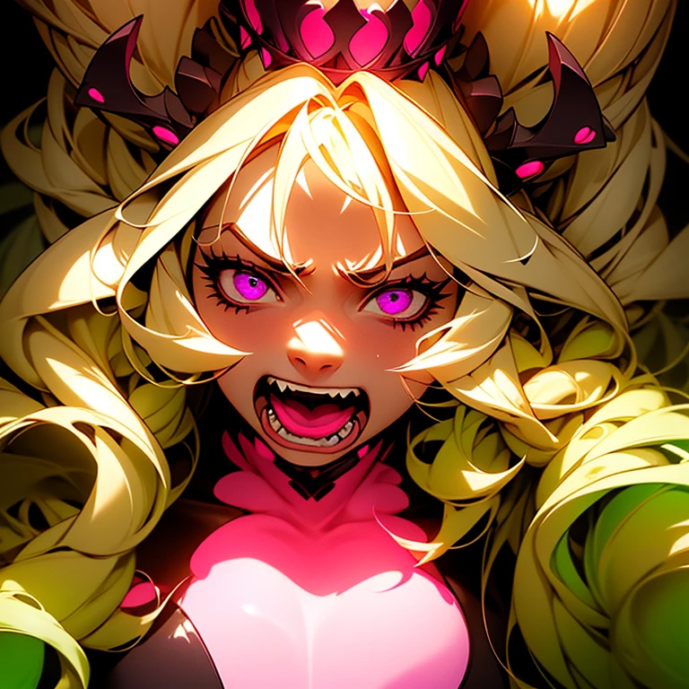 a girl with long hair and a crown on her head, eerie and grim art style, intense screaming expression, pink violet light, uwu hi-fructose, very sad emotion, cg art, toxic drips, emote, necromancy, inspired by Muqi, molten plastic, anime still image, grimm, dark screen, streaming, art », unknown artstyle