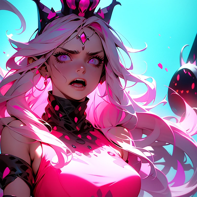 a girl with long hair and a crown on her head, eerie and grim art style, intense screaming expression, pink violet light, uwu hi-fructose, very sad emotion, cg art, toxic drips, emote, necromancy, inspired by Muqi, molten plastic, anime still image, grimm, dark screen, streaming, art », unknown artstyle