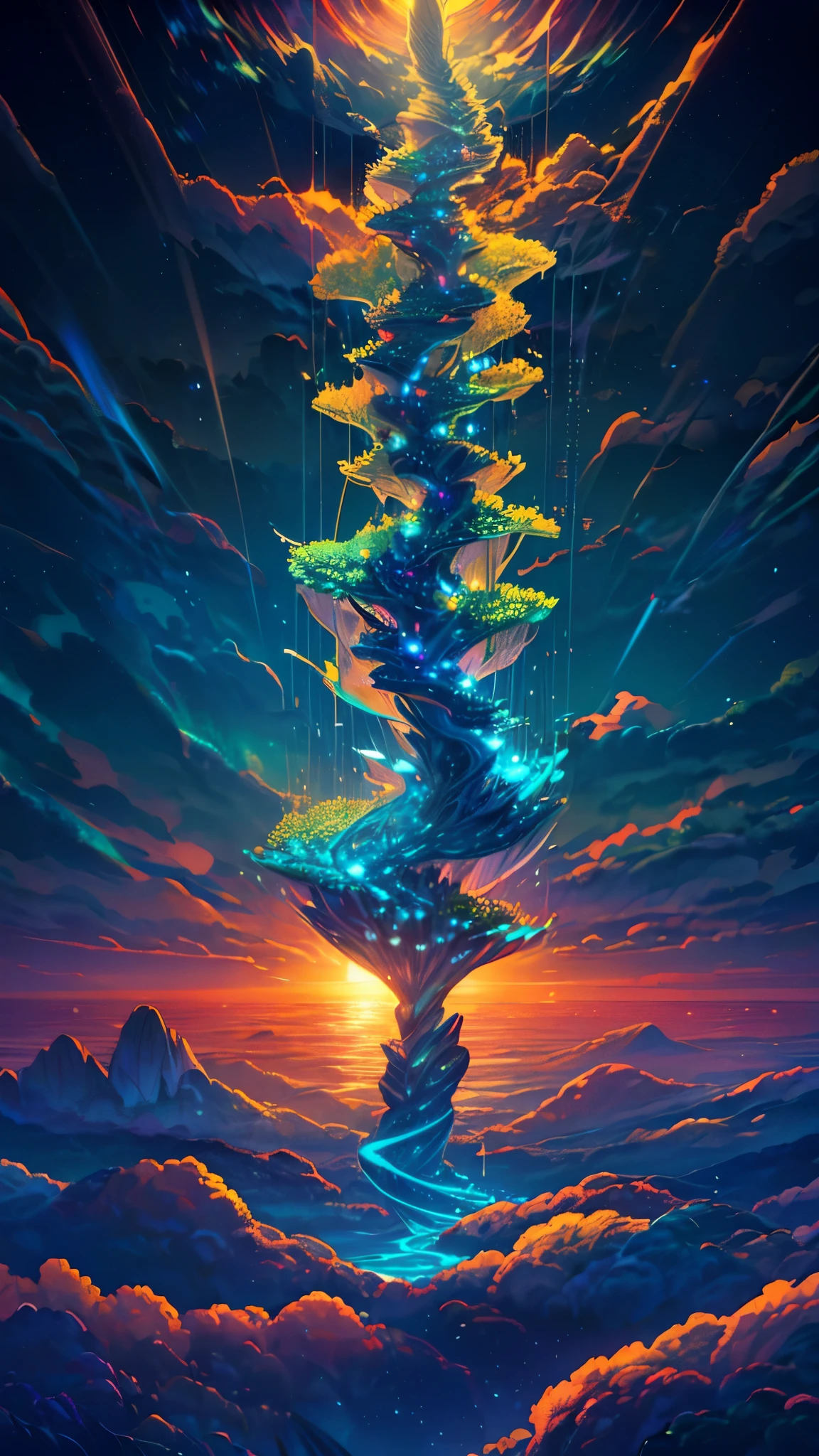 (Better lighting, melhor sombra, obra de arte, alta qualidade), Colorida, vivaz, summer feeling,
Imagine a surreal scene where a vast ocean floats in the sky, suspended by droplet-like constraints. Below, clouds gather in spirals around the ocean, forming winding paths between floating islands and imaginary continents. The city, seen from above, emerges amidst mountain peaks and tower tops, like a celestial metropolis.
The droplets sustaining the ocean shimmer with iridescent colors, reflecting sunlight that filters through the clouds. In the ocean, fantastical creatures swim among crystal corals and iridescent seaweeds, creating a spectacle of colors and shapes that defies imagination.
The clouds surrounding this dreamlike scene take on whimsical forms, transforming into floating sculptures that dance with the celestial breeze. As the sun sets on the horizon, the colors of the sky blend into a palette of warm, soft tones, tinting everything around with an aura of magic and mystery.
In this floating world, the city seen from above is a landmark amidst the stunning beauty of nature and the boundless creativity of the human imagination. It's a place where the boundaries between reality and imagination merge, creating a visual spectacle that enchants and inspires all who behold it.