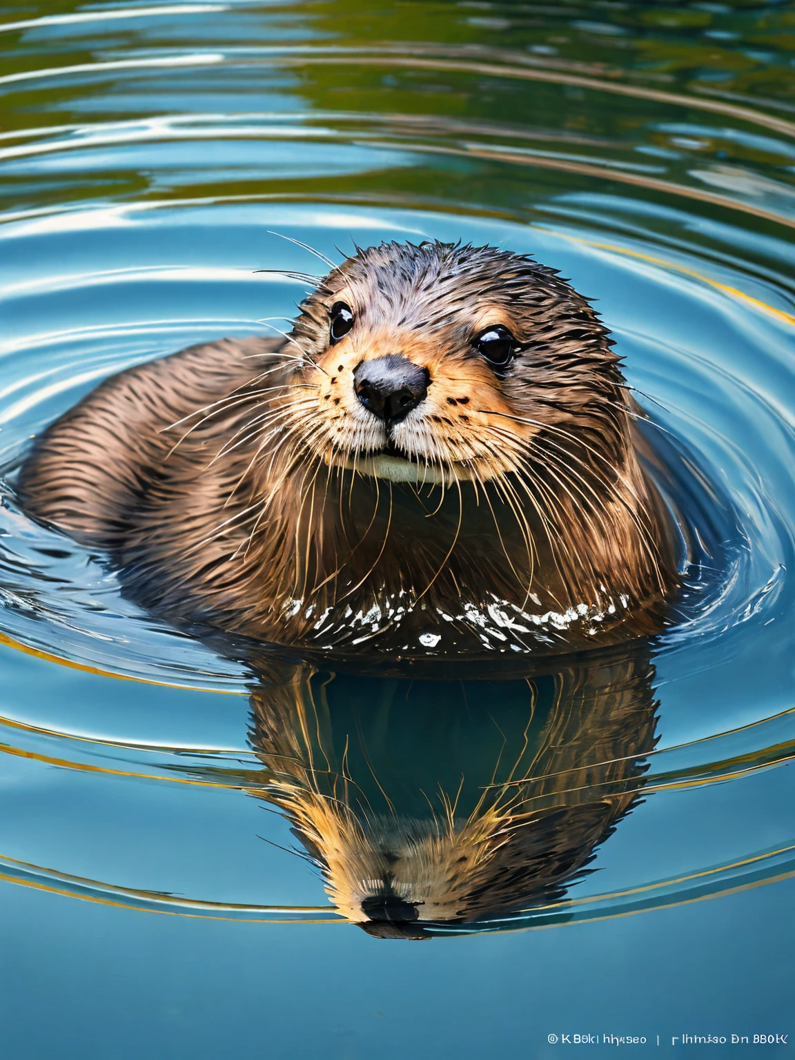 plano medio:1.5,anime:1.4, (best quality,HD 8k,highres,masterpiece:1.2),hyper-detailed (hyper-detailed fur, hyper-detailed eyes, hyper-detailed whiskers),adorable otter floating on the water, eating, picturesque scenery, crystal clear reflections, vibrant colors, studio lighting, water ripples, realistic texture, professional, enchanting atmosphere