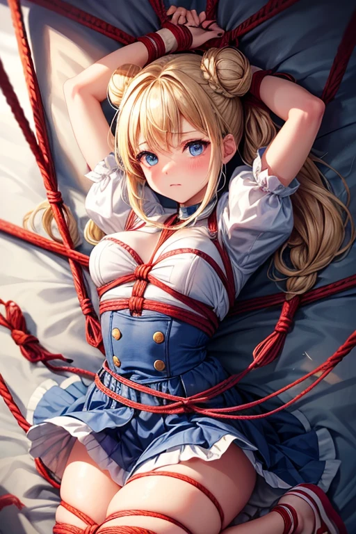 piperBS, 1girl, blonde hair, hair bun, blue dress, puffy sleeves, short sleeves, pink gloves, fingerless gloves, pink belt, shoes, blue footwear, cute and blushing 18 years old anime girl, look away because she is embarrassed and blushes, bright blue eyes, detailed face, detailed members, detailed arms, detailed hands, Girl lying, tied by ropes, shackled, can no longer move, tied tightly, very hard tied up with lots of ropes, hampered by so many ropes that she can no longer move, bound hands and feet, ropes tie his whole body, tied extremely tightly and forcefully to her bed by a lot of ropes, its limbs are strongly tied together by ropes, his torso is tied up with thick cords, her chest is so tied up with ropes that it sticks out, her legs are tied tightly with thick ropes, his hands are tied behind his back with ropes, she can no longer move her feet, her hands which are tied by thick ropes, she desperately tries to free herself, likes to be tied tight with big ropes, likes to be immobilized by big ropes, lying down, his hands and feet are strongly tied to the railing of his bed, his legs are pressed together and tied with ropes, its limbs are held vigorously by imposing ropes, her hands are tied securely behind her back by ropes, her chest is compressed by strong ropes, she is pressed against her bed and restrained by large ropes, (shibari, arms behind the back:1.4), (hands on the back), (masterpiece, best quality) 1.5, 1girl, solo, (sexy, beautiful woman, perfect face, perfect eyes, perfect hands), samus aran, (hands on the back), Spread the legs, s&#39; ((lie in bed by big ropes)), ((close up of the girl)), ((((lie in bed)))), ((((arms tied behind the back, Legs Tied,La fille est allongée sur le ventre, La fille est allongée sur le sol:1.5)))), ((((girl seen from behind:1.4)))), ((((girl lying down on her stomach:1.4)))), ((((Outstretched arms:1.5)))), ((((Detailed hands:1.5))))