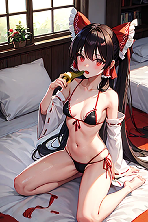 hakurei reimu, Oriental Project, At the bed, White micro bikini, Long Hair, Hair Tube, Hair Ribbon, Removable sleeves, Small , Slender, barefoot, Thigh, Fascinating, Kneel, Looking up, eating a black banana