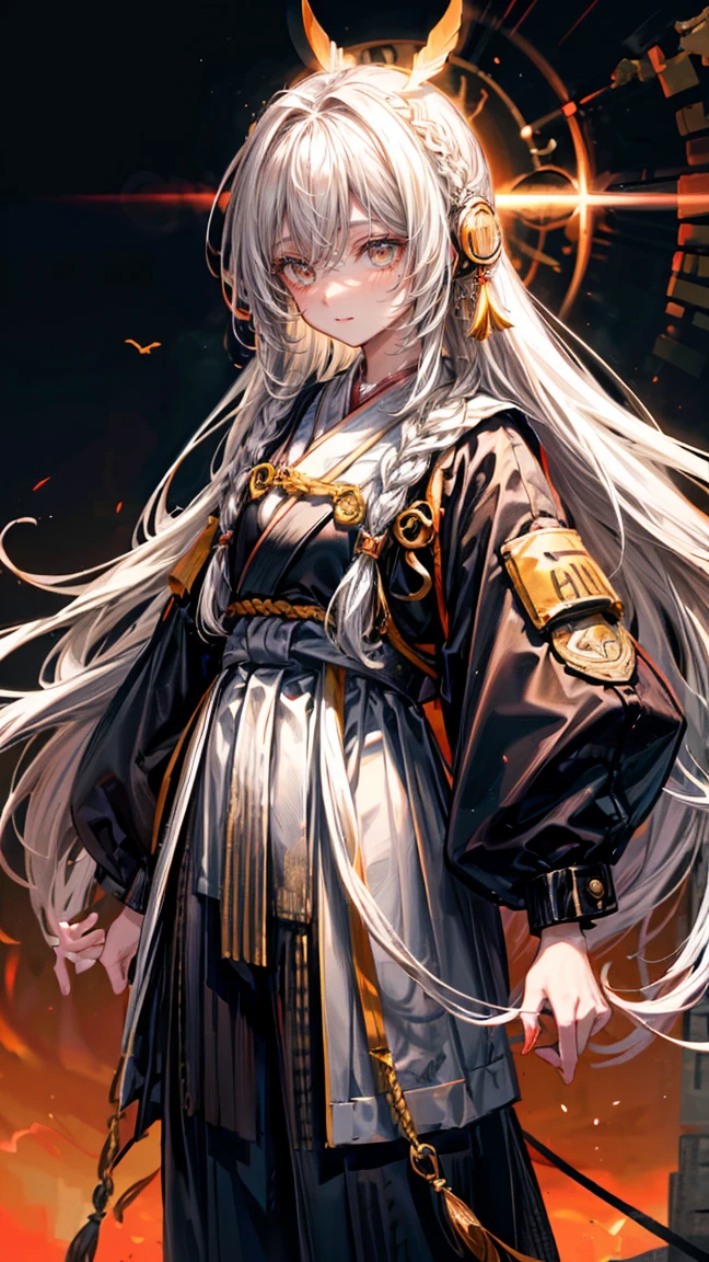 a girl with yellow glowing eyes, white wavy hair braided, bangs covering her forehead, she is wearing orange traditional Japanese hip-length jacket, black wide pants and red full-size headphones, the girl is standing in a field, the sun is setting, birds are flying across the sky