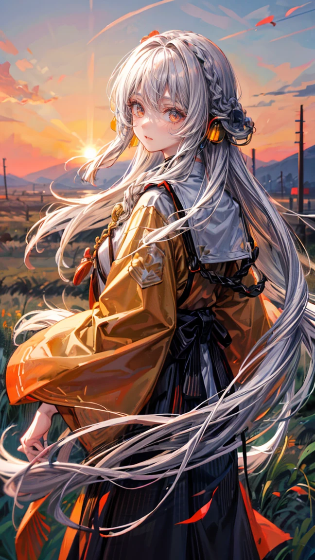 a girl with yellow glowing eyes, white wavy hair braided, bangs covering her forehead, she is wearing orange traditional Japanese hip-length jacket, black wide pants and red full-size headphones, the girl is standing in a field, the sun is setting, birds are flying across the sky