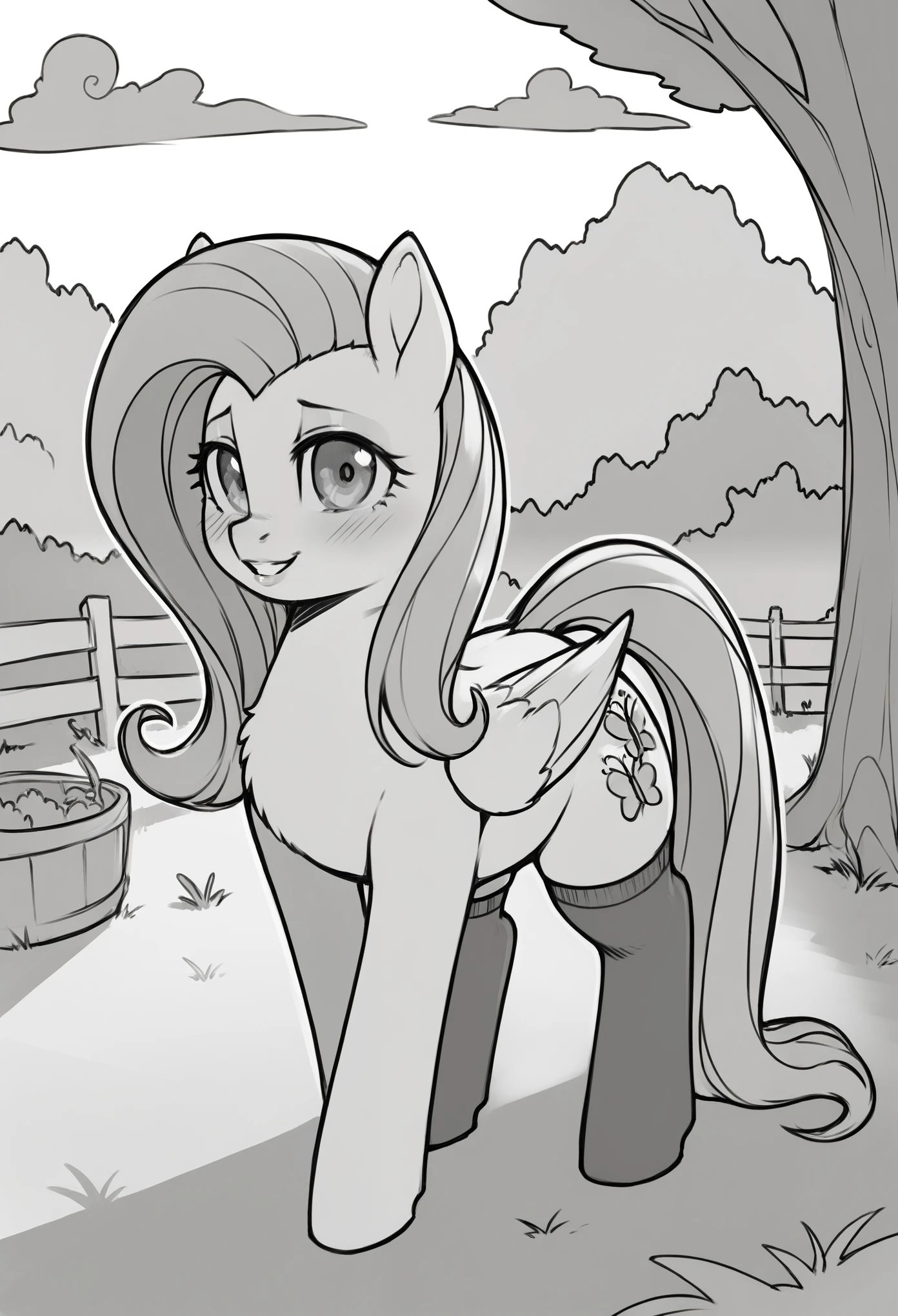 score_9, score_8_up, score_7_up, score_6_up, fluttershy, pegasus, pony, anatomically correct, stockings, mare, outdoors, CBTwi, female, sketch, monochrome