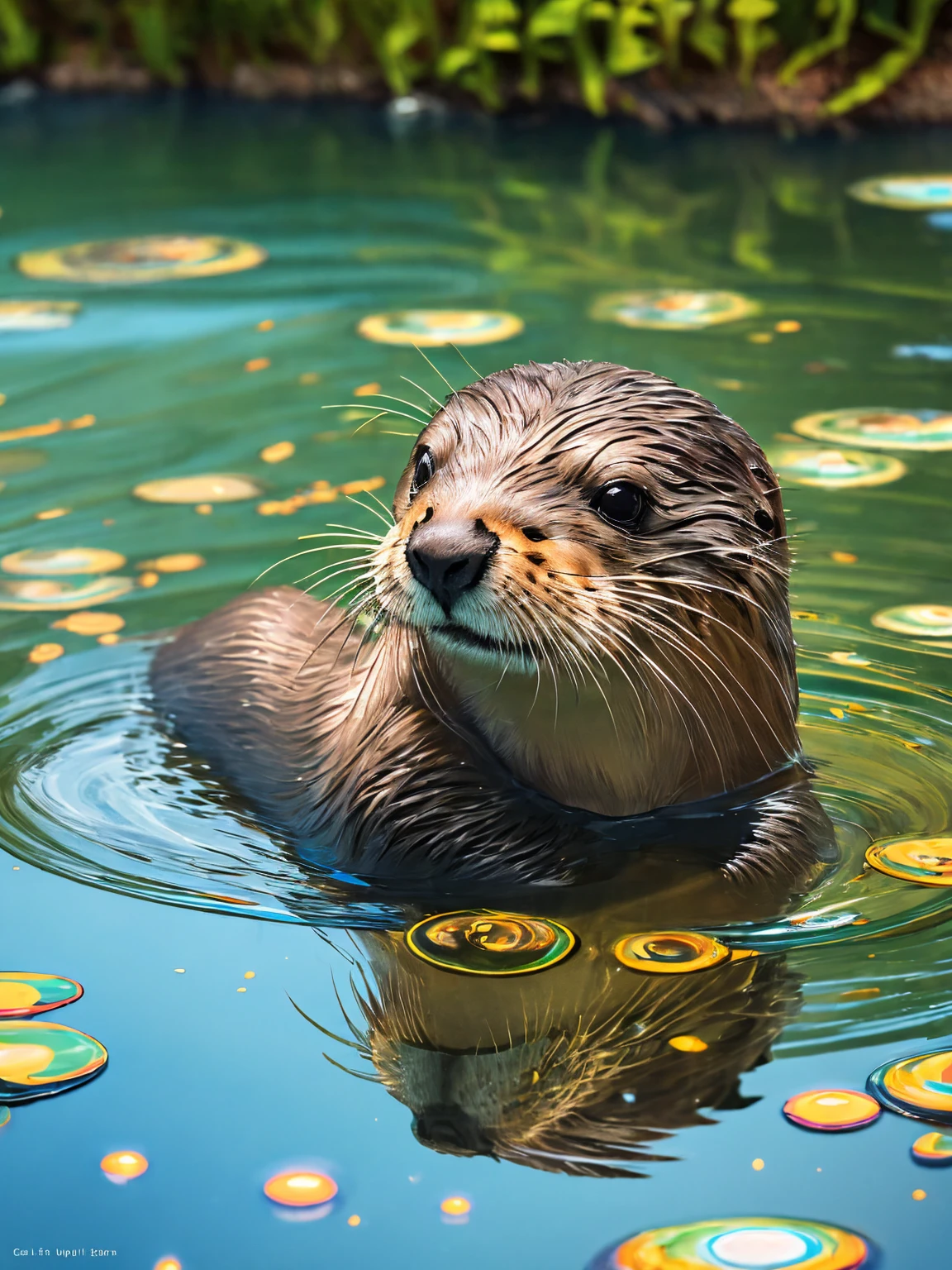 plano medio:1.5,anime:1.4, (best quality,HD 8k,highres,masterpiece:1.2),hyper-detailed (hyper-detailed fur, hyper-detailed eyes, hyper-detailed whiskers),adorable otter floating on the water, eating, picturesque scenery, crystal clear reflections, vibrant colors, studio lighting, water ripples, realistic texture, professional, enchanting atmosphere