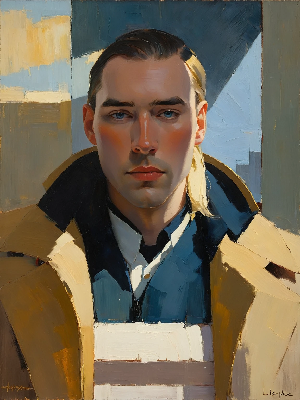 Create an evocative oil painting inspired by Malcolm Liepke, Capture the man's introspective expression and refined mood using thick, expressive brushstrokes. Infuse the painting with a warm, muted color palette, incorporating earthy tones and deep blues. Highlight the dramatic interplay of light and shadow, casting a soft, golden glow from the window. Emphasize the tactile quality of the oil paint and maintain a simple, textured background that complements the subject's contemplative presence. Blurry effect