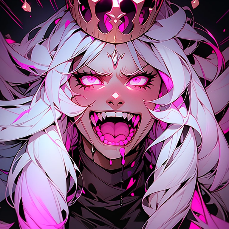 a girl with long hair and a crown on her head, eerie and grim art style, intense screaming expression, pink violet light, uwu hi-fructose, very sad emotion, cg art, toxic drips, emote, necromancy, inspired by Muqi, molten plastic, anime still image, grimm, dark screen, streaming, art », unknown artstyle