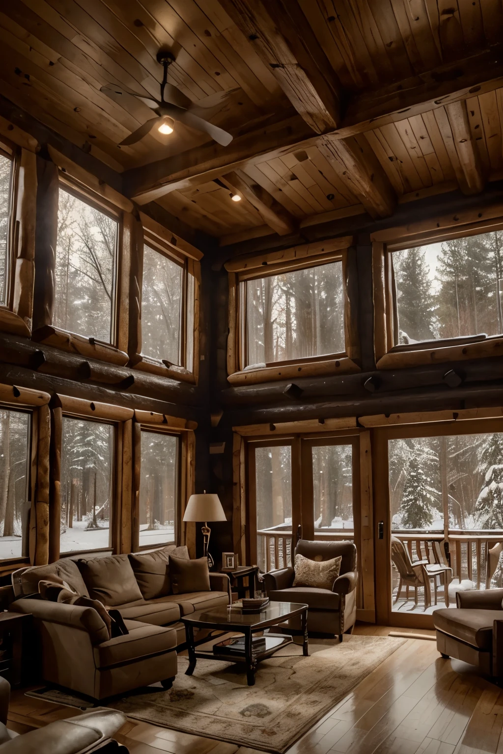 A double-height ceiling living room with a large, floor-to-ceiling window on one side log cabin. Outside is a dark snow-covered landscape. The living area is furnished with plush, contemporary sofas and chairs in neutral tones, grouped around a low, central coffee table. The room's color palette is composed of dark brown and warm tones, with the soft lighting from various lamps adding a cozy ambiance.