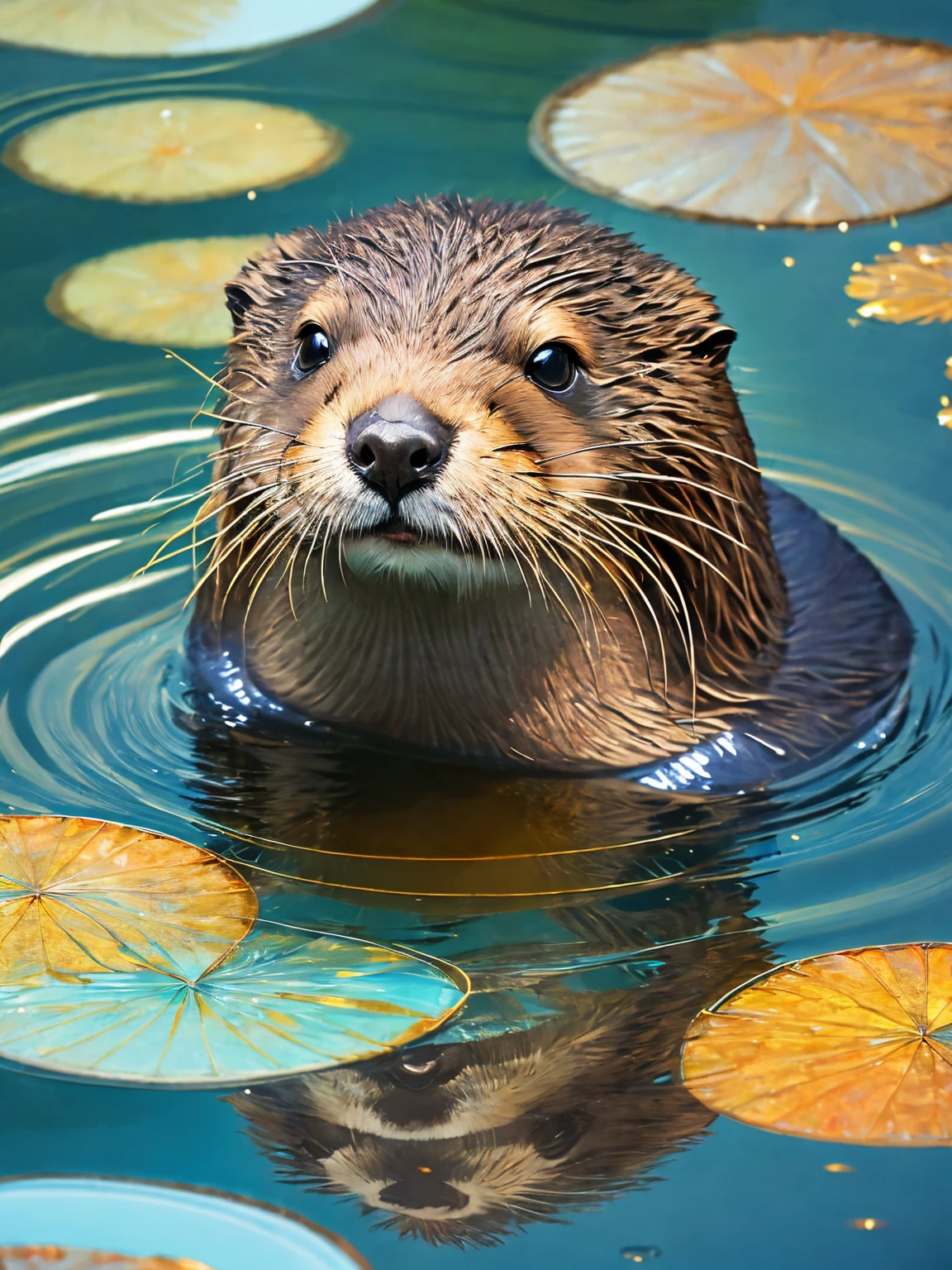 plano medio:1.5,anime:1.4, (best quality,HD 8k,highres,masterpiece:1.2),hyper-detailed (hyper-detailed fur, hyper-detailed eyes, hyper-detailed whiskers),adorable otter floating on the water, eating, picturesque scenery, crystal clear reflections, vibrant colors, studio lighting, water ripples, realistic texture, professional, enchanting atmosphere