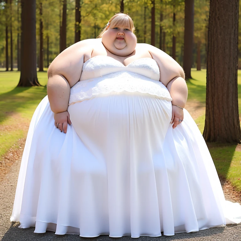 sbbw solo extremely morbidly obese Finnish woman full body alone wearing a white wedding dress