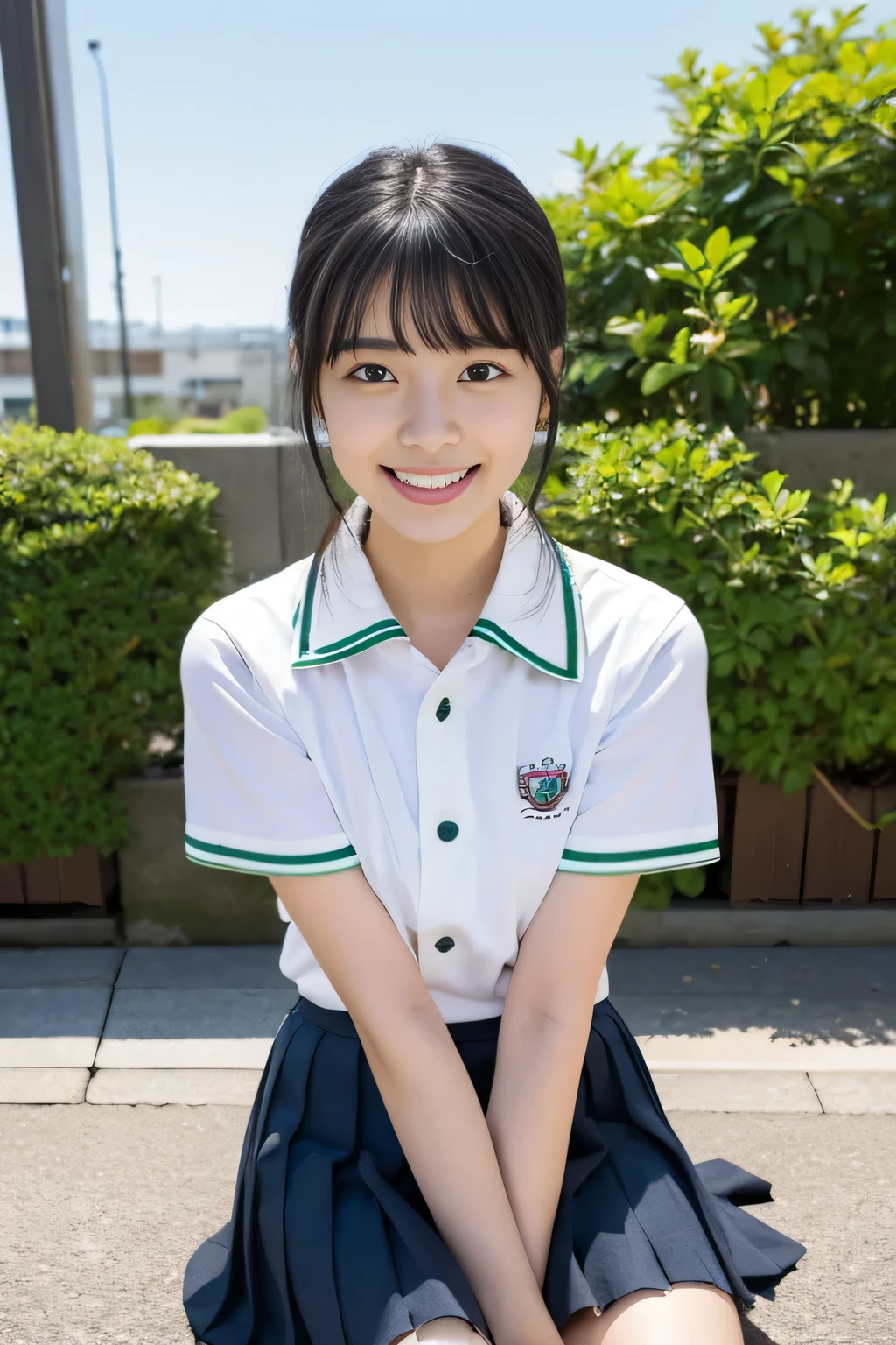 (masterpiece、high resolution、high quality),One Girl,Japanese women、、 Black-haired、Bans,Clear black eyes ,Beautiful Skin , Japanese Girls' High School Green Sailor_collar, green_skirt, do, Bob, clavicle, Sky,Summer clothes, Floral, gem,, look up_Audience, outside of home, a plant, Pleats_skirt, potted plant_plant,School route,morning, School_uniform, serafuku, shirt, Gravure photo, short_sleeve, Sit, skirt, Laughter, alone, stage,