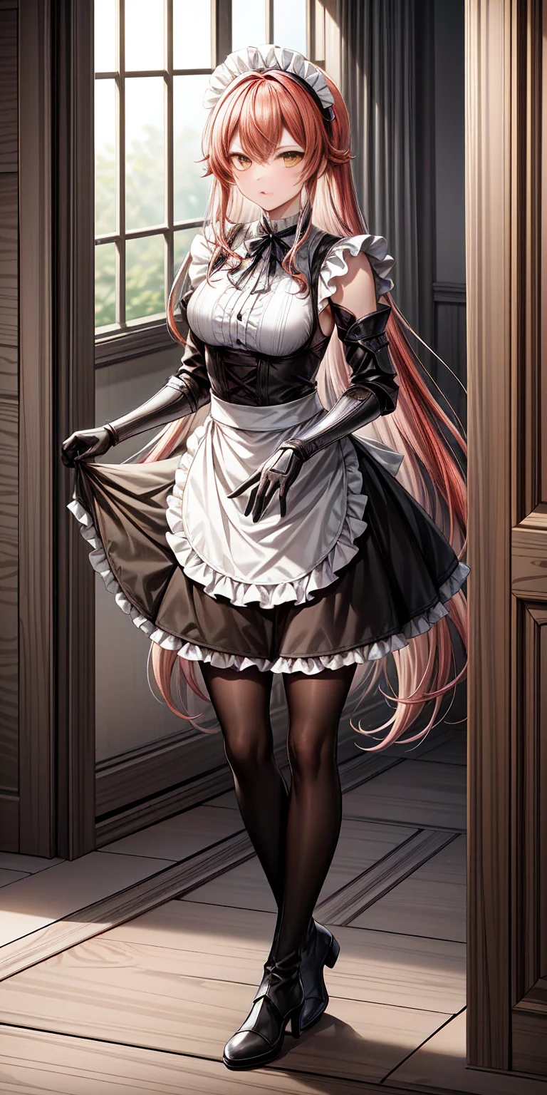 Eris Boreas Greyrat (mature female:1.4), masterpiece, best quality (maid, maid headdress, maid apron), standing, indoors, window, masterpiece, best quality, high quality, dark black SKIN. Long messy hair, yellow eyes, full body, def_effie, blue breastplate, looking at viewer, shiny armor, thigh highs, high boots, shoulder armor, faulds, poleyn, red gloves gauntlets