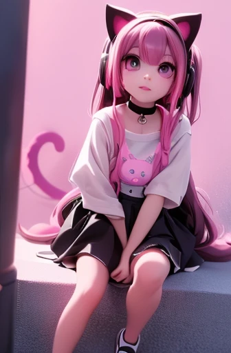 a galaxy themed girl with headphones and a backpack sitting on the ground,  anime goth glaxy girl, wearing skirt and crop lace shirt, choker,  wearing cat ear headphones, galaxy print clothes, galaxy print shoes and clothes, pink eyes sfw