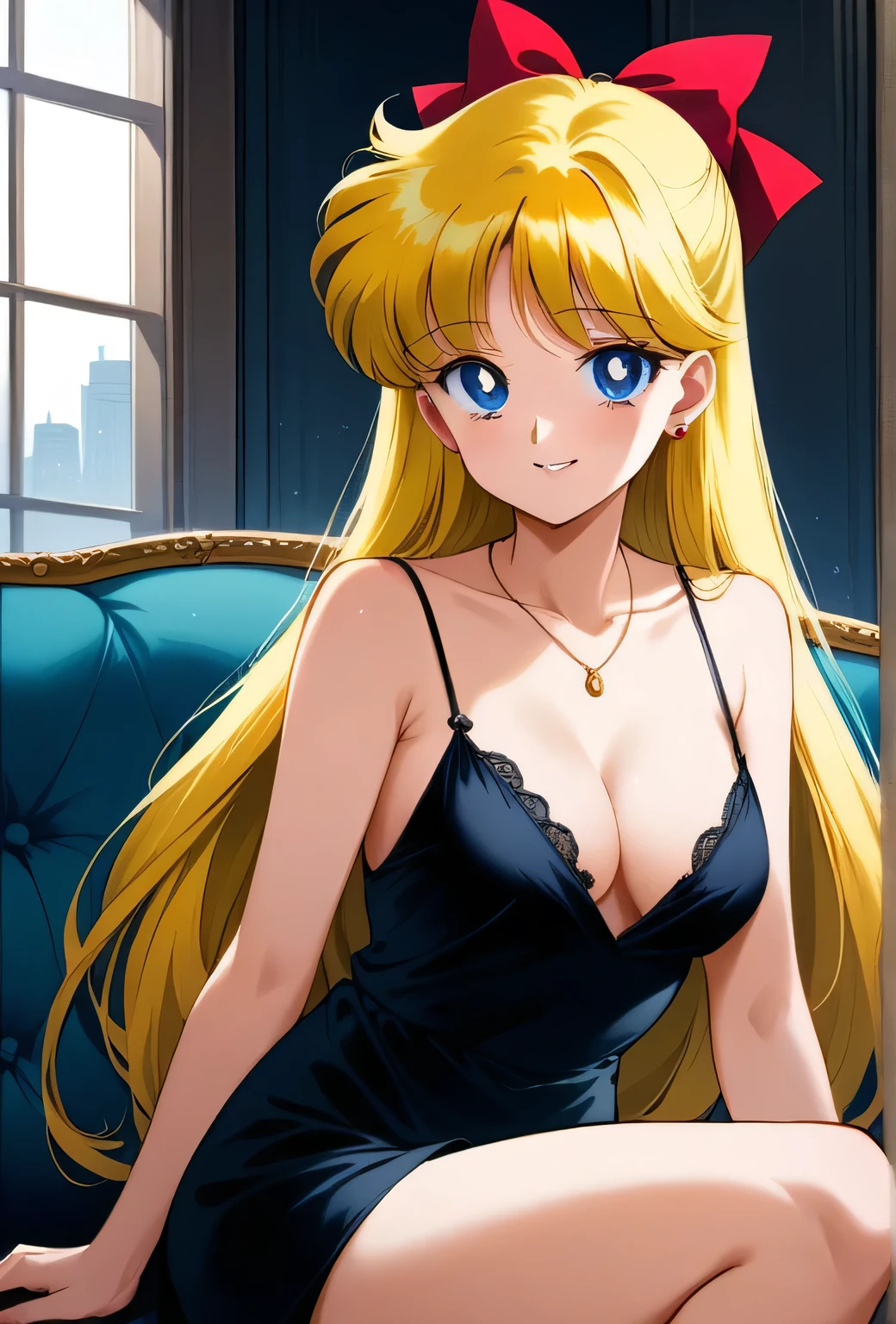 (masterpiece, best quality, very aesthetic, ultra detailed), intricate details, 4k, aavenus, long hair, blonde hair, hair bow, earrings, blue eyes,  spaghetti strap, black dress, sleeveless, sitting, necklace, indoors, sofa, cleavage, seductive smile