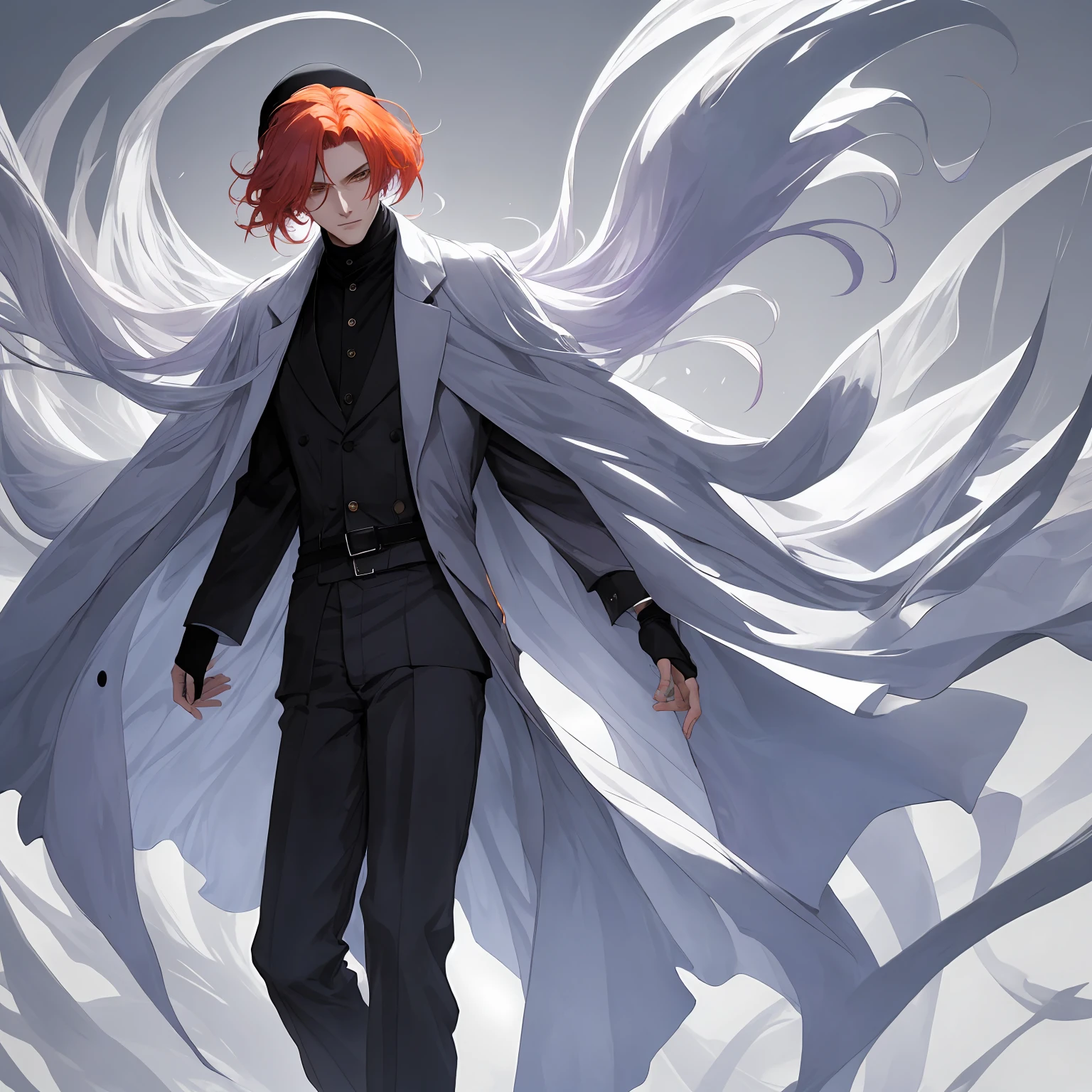 The anomaly in appearance manifests as a youthful humanoid male, his features shrouded in an enigmatic aura. His long, disheveled orange hair cascades untamed, framing his face in a chaotic yet captivating manner. A grey milkman hat rests atop his head, partially concealing his fiery locks. The contours of his countenance remain hidden beneath a dense, profound shadow, leaving only a blank expression to be discerned, devoid of any emotion.
His attire exudes an air of peculiarity, as a long white overcoat drapes down, almost grazing the ground near his feet. The overcoat possesses a translucent, milk-like hue, lending an ethereal quality to his ensemble. Adorning his neck is a black scarf, contrasting starkly against the pale backdrop. His lower half is adorned with blue pants, while his feet are encased in sturdy black snow boots.
Beneath the overcoat, a glimpse of a purple shirt with a textured black fabric peeks through, adding a touch of vibrancy to an otherwise monochromatic ensemble. This enigmatic figure stands as a captivating enigma, his appearance defying convention and beckoning curiosity.
