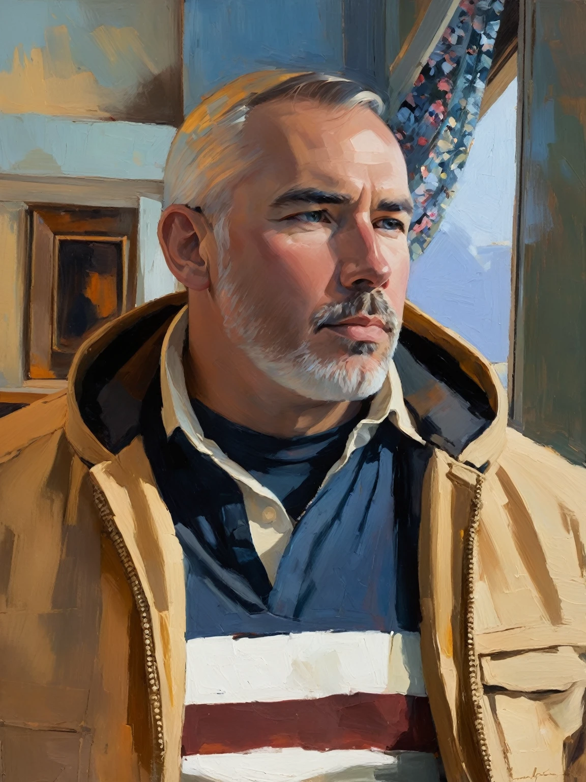 Create an evocative oil painting inspired by Malcolm Liepke, Capture the man's introspective expression and refined mood using thick, expressive brushstrokes. Infuse the painting with a warm, muted color palette, incorporating earthy tones and deep blues. Highlight the dramatic interplay of light and shadow, casting a soft, golden glow from the window. Emphasize the tactile quality of the oil paint and maintain a simple, textured background that complements the subject's contemplative presence. Blurry effect