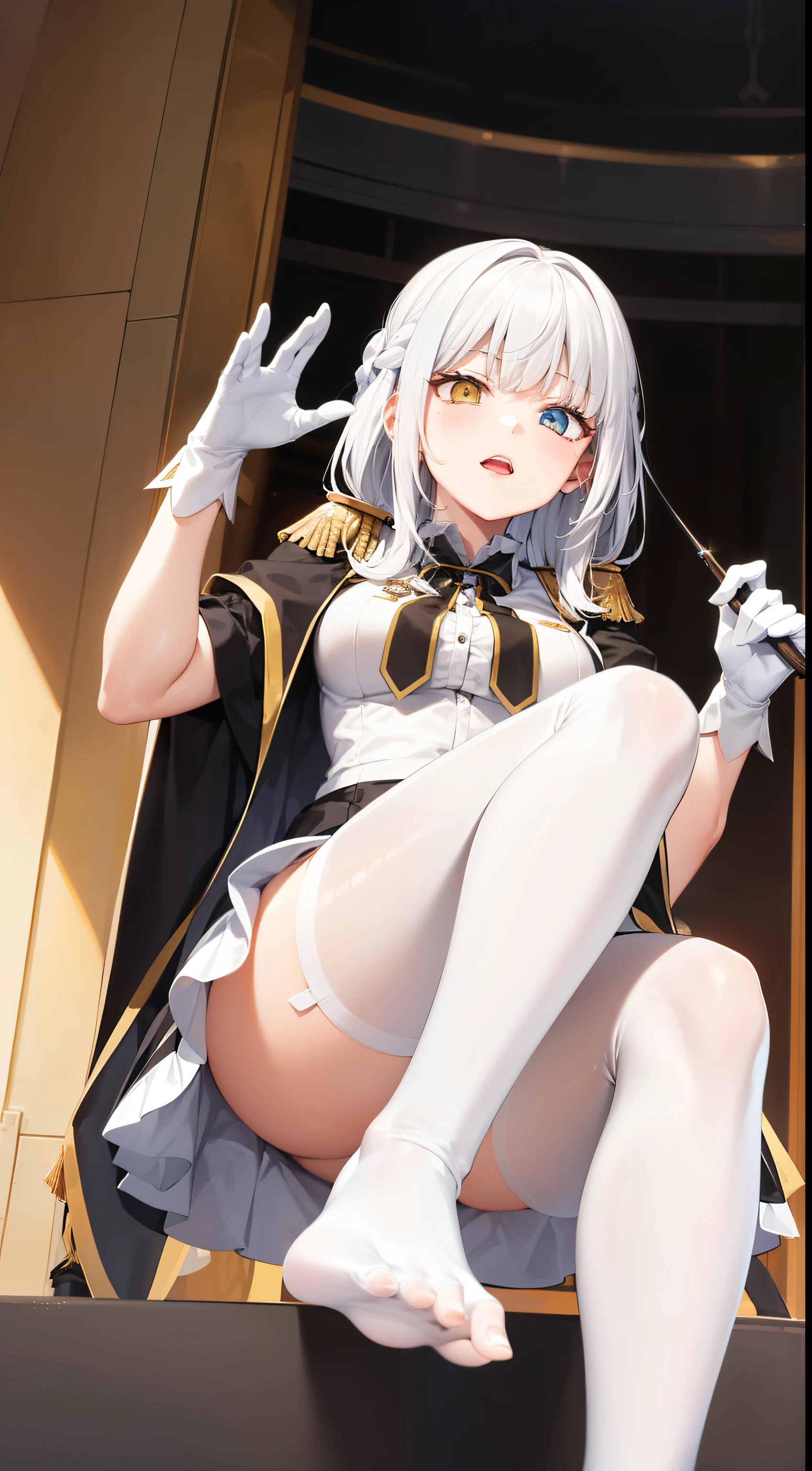 1 Girl,Kagura Mia ,white hair,Heterochromia,Half closed eyes,(Giddenmei 1.5),short sleeve dress,Shawl coat,military uniform,Puff sleeves,Cloth bag,Gloves,White pantyhose,double braid hair,2legs,nuclear_9, snuclear_8_up, snuclear_7_up, snuclear_6_up, snuclear_5_up, snuclear_4_up, smoke, Foot focus, foot, foot perfect foot, perfect foot, best foot, stinky foot, Sexy pose looking at the audience, Solitary, foot操, permanent, View, foot, From below, Foot focus,trampling,Step on the screen,See underwear