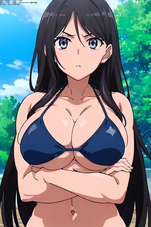 (masutepiece, Best Quality, High resolution, anime screen cap, anime colours, megami magazine:1.2, anime poster style, anime keyvisual, sharp, 8k, photorealistic), (beautiful eyes:1.5), Blowmailing, 1girl in, Cute, blush, (Long Black Hair), (natural large breasts:1.5), underboob, cleavage, (blue Bikini:1.5), (perfect detailed crossed arms:1.5), upper body, ((Perfect Anatomy, beautifull detailed face, Beautiful detailed eyes, beautiful detailed hair, Beautiful detailed body)), thick outline, Beautiful outlines, black outlines