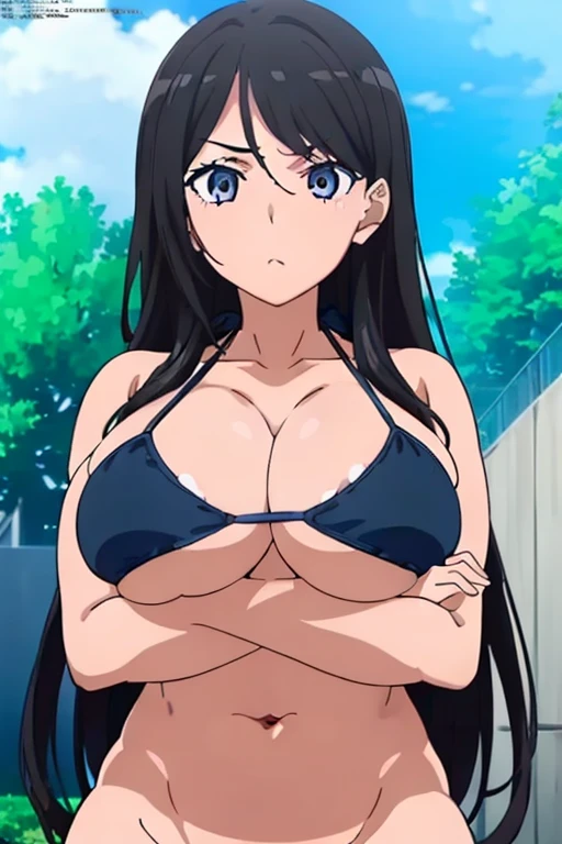 (masutepiece, Best Quality, High resolution, anime screen cap, anime colours, megami magazine:1.2, anime poster style, anime keyvisual, sharp, 8k, photorealistic), (beautiful eyes:1.5), Blowmailing, 1girl in, Cute, blush, (Long Black Hair), (natural large breasts:1.5), underboob, cleavage, (blue Bikini:1.5), (perfect detailed crossed arms:1.5), upper body, ((Perfect Anatomy, beautifull detailed face, Beautiful detailed eyes, beautiful detailed hair, Beautiful detailed body)), thick outline, Beautiful outlines, black outlines