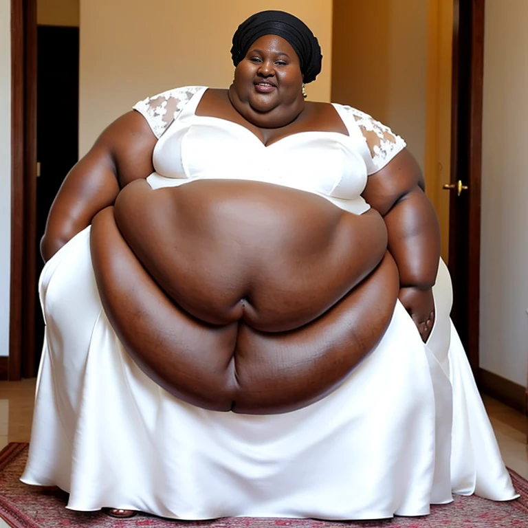sbbw solo extremely morbidly obese Gambian woman full body alone wearing a white wedding dress