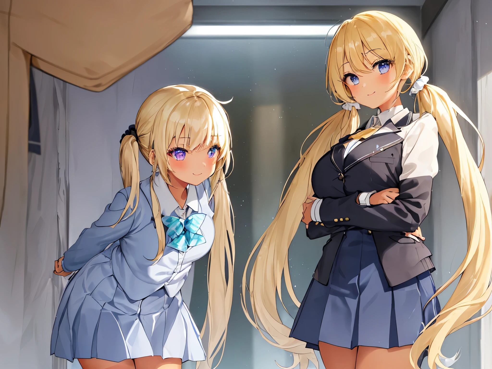 1 girl, Light blonde , thick bluish eyeshadow, thin eyebrows, thick black eyeliner, Highlighted eyes with eyeliner, false eyelashes,,(tanned skin:1.2),Blazer Summer Clothes,Scrunchie,huge breasts,School制服,Dress casually,School,gyaru,smile,bangs bangs:1.8,((((Low twintail))))