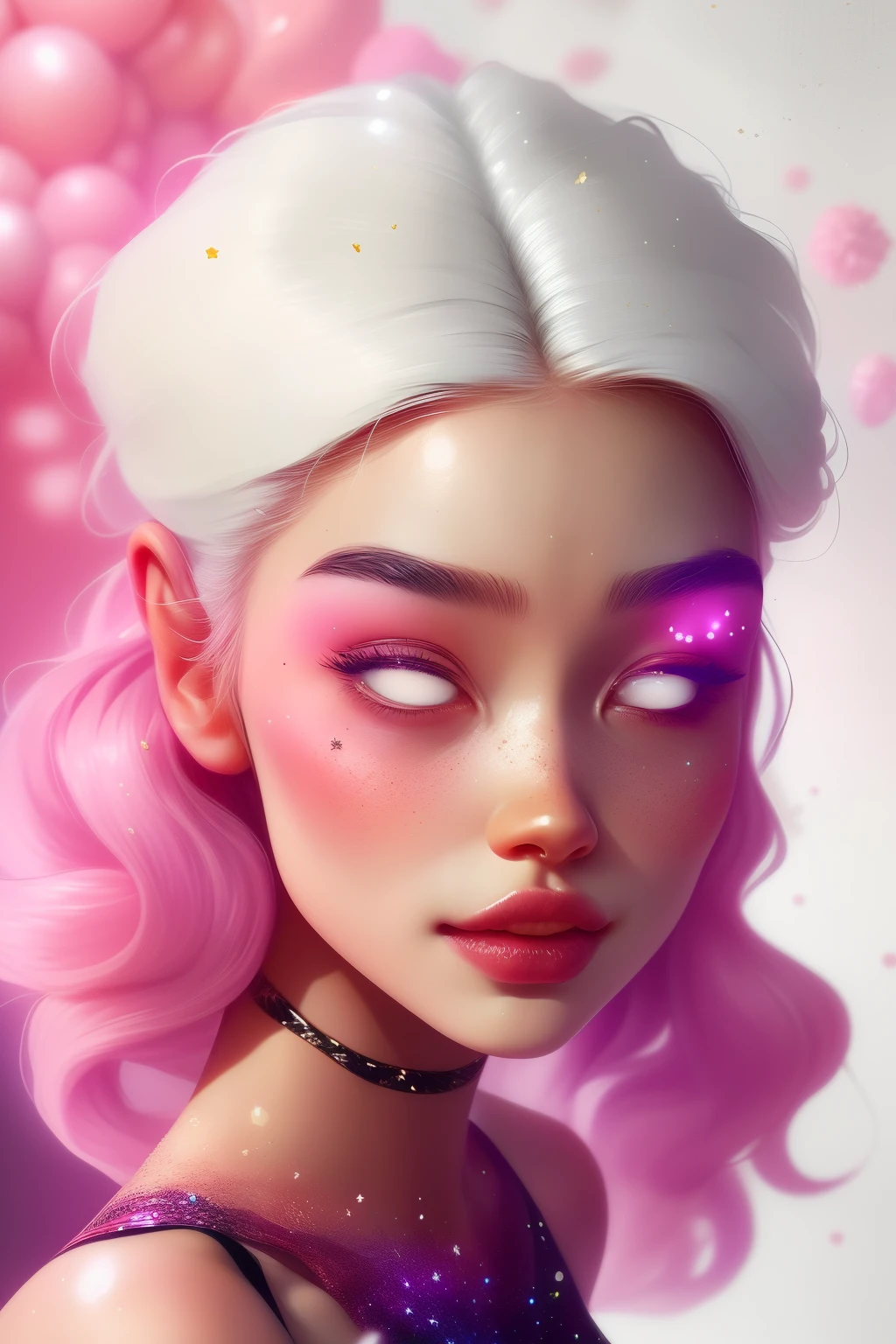 (This is a beautiful fantasy image that feels interesting and emphasizes glitter and iridescence.) Generate a ((blind)) curvy woman with colorful curly hair and milky white eyes. Her face is important and is perfectly formed with puffy lips and perfect features. (Her eyes are critically important and are (blank) and (solid white)). The image exudes ethereal beauty and soft fantasy. Include sweet and detailed birds and soft, luminous flowers. The image's background is decorated in shades of pink, shimmer, glitter, and fantasy details like colored bubbles and cosmos. Utilize dynamic composition to create a compelling and action-packed image. Dramatic lighting and cinematic lighting enhance the woman's beauty and the soft colors in the artwork. Include fantasy, cute, colorful, colourful, interesting magic background, ((((blank eyes)))), ((((empty white eyes)))), (shirome eyes:1.3), (smirking), (perfectly rendered solid whiteeyes), ((short neck)), ((birthmark on lip)), ((pretty lips)), beautiful background, complex background, sweet background