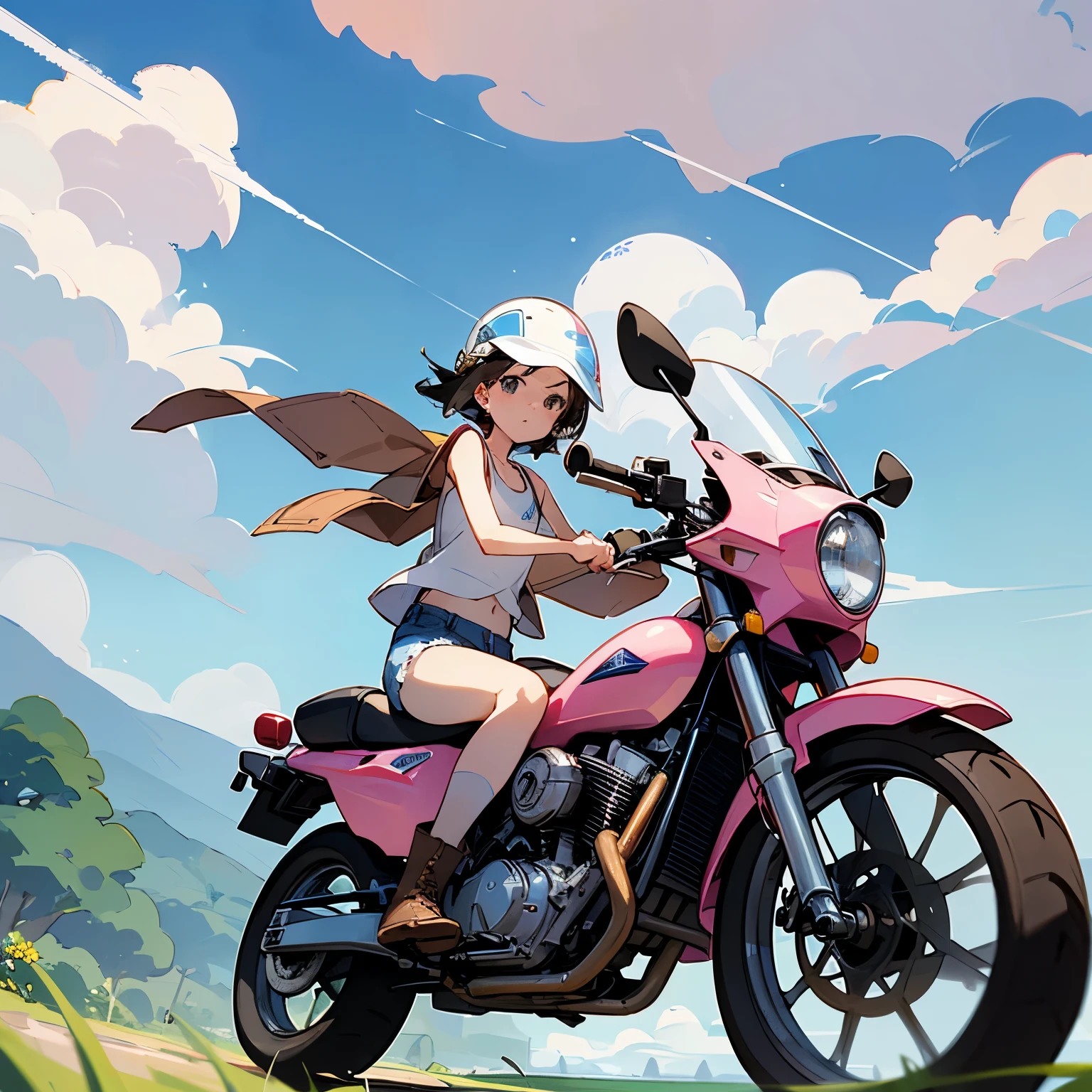 Highest quality、A girl is riding a white Super Cub、Dark brown short cut、(He is wearing a jet helmet with white and black lines running down the center of the helmet from front to back.、White tank top、Pink jacket、Denim shorts、White knee-high socks、Brown work boots:1.3)、Japanese countryside scenery、Road beside the stream、Small creek、Dirt Road、Weeds grow along the side of the road、Blue sky、White clouds floating、Early summer sky、