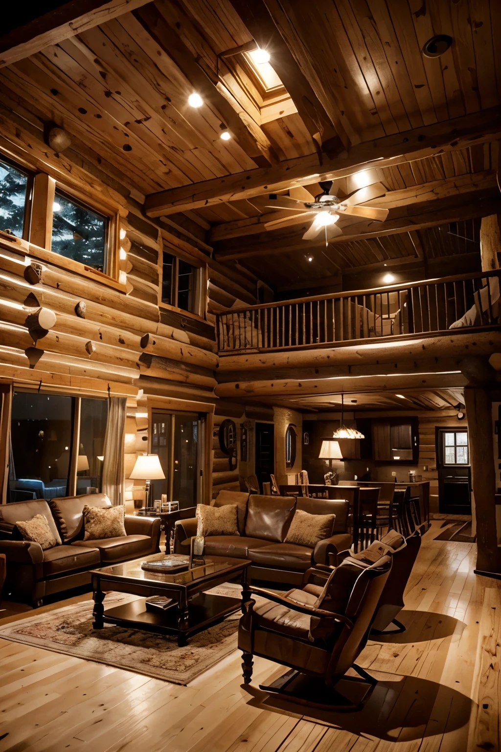 A double-height ceiling living room with a large, floor-to-ceiling window on one side log cabin. Outside is a dark snow-covered landscape. The living area is furnished with plush, contemporary sofas and chairs in neutral tones, grouped around a low, central coffee table. The room's color palette is composed of dark brown and warm tones, with the soft lighting from various lamps adding a cozy ambiance.