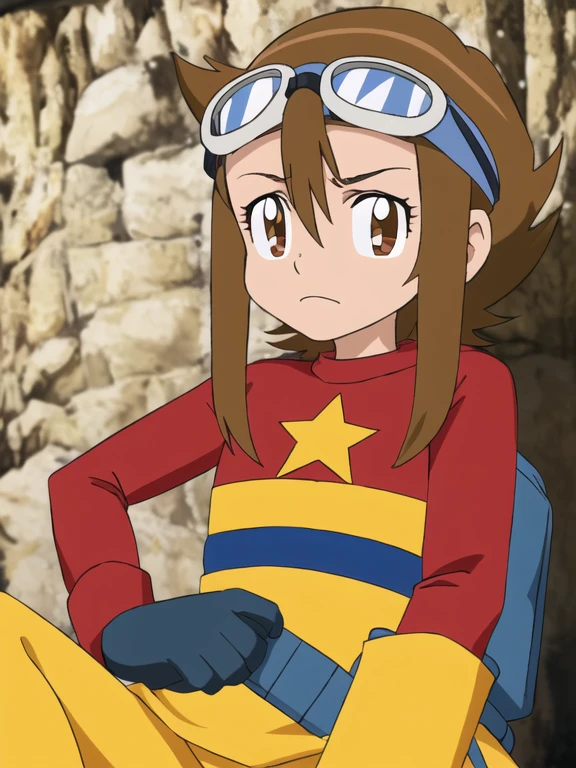 digimon, By the chestnut, solo, enfoque masculino, 1 chico, safety glasses, Brown eyes, guantes, safety glasses on head, estrella \(symbol\), frown, pelo de punta, cueva, ((Obra maestra))